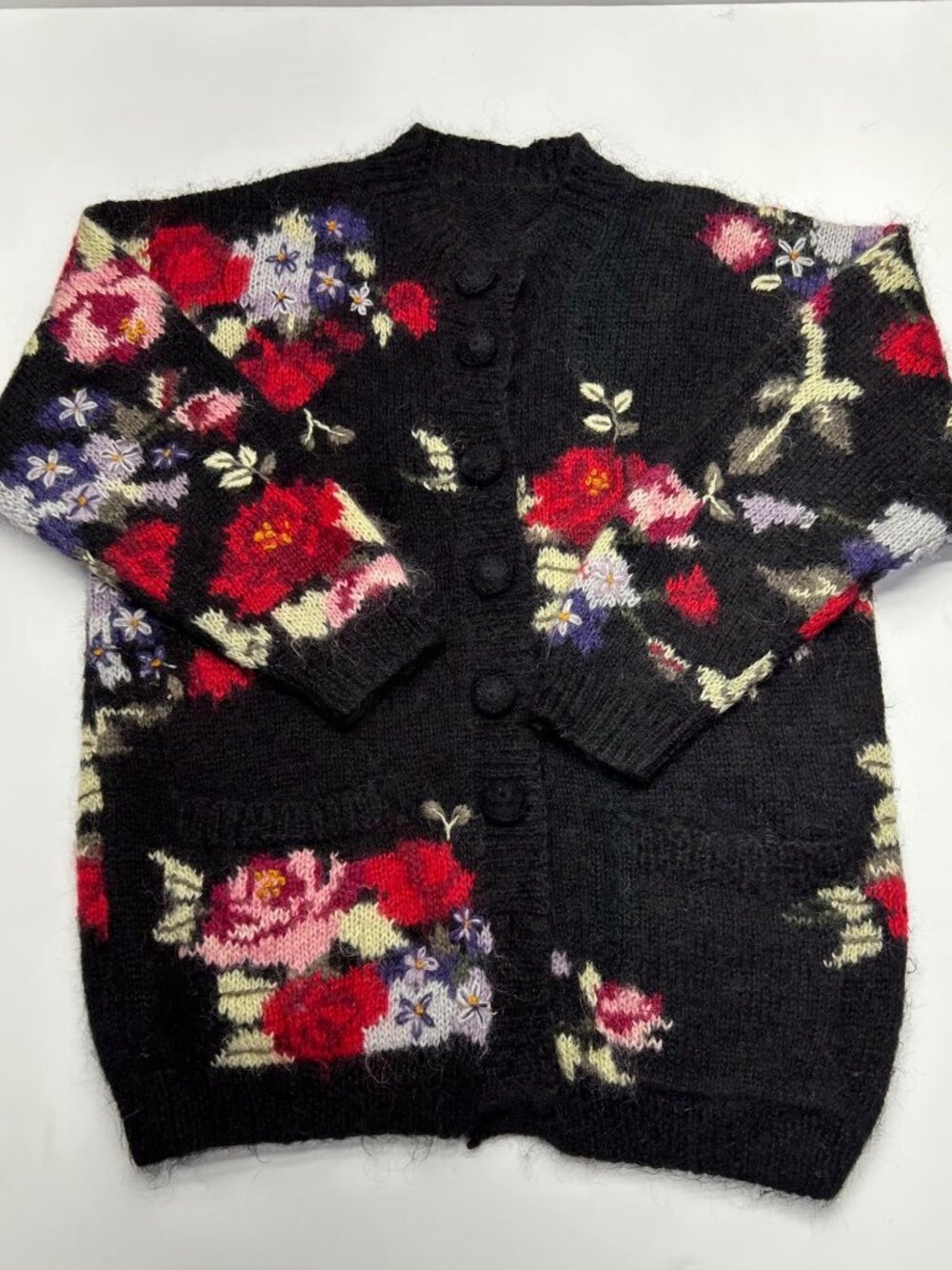 Vintage Black Floral Knit Button-Up Cardigan With Pockets - Wool & Mohair Blend